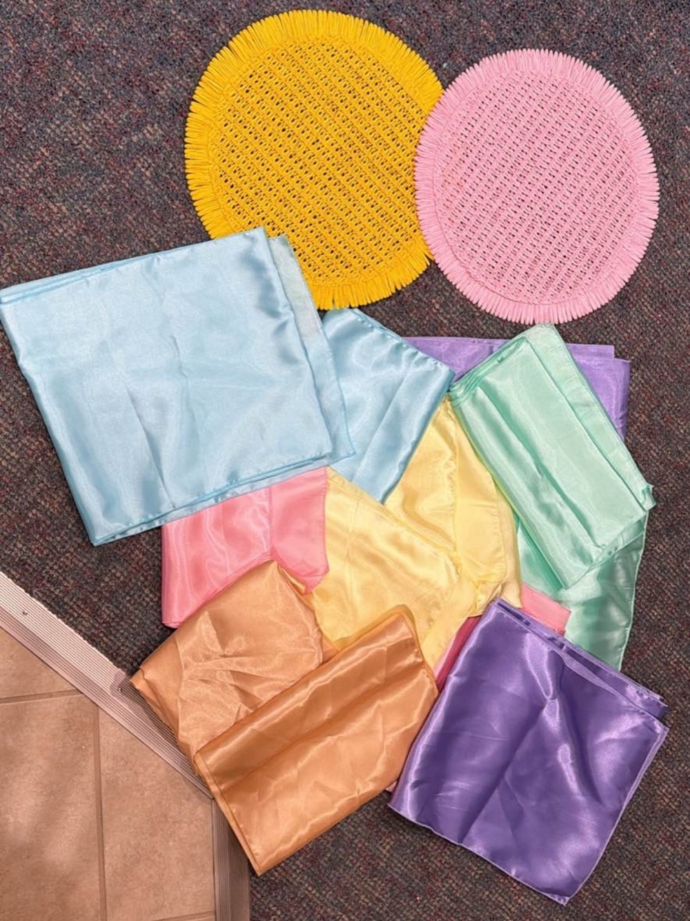 Pastel Satin Table Runners & Round Woven Placemats Set - Yellow & Pink Accents